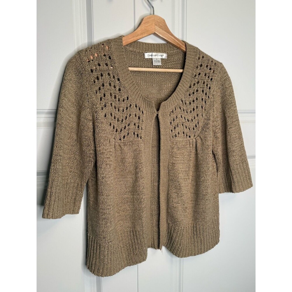 August Silk Womens S Beige Pointelle Knit Cardigan Open Front 3/4 Sleeve
